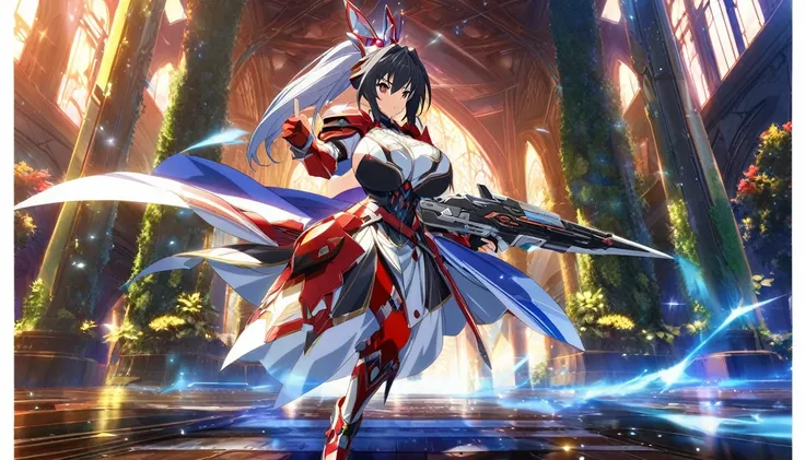 ((anime infinite stratos art, masterpiece, 4k, extreme quality)). 
the theme is Disneys Snow White. 
the setting is a magical forest, very detailed, full of different animals, its afternoon. 
Snow White, 16 years old, wearing a IS armor(amazing short-range...