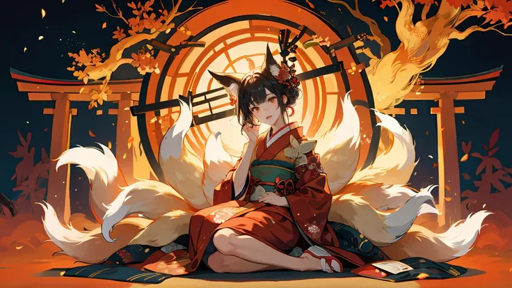 An anthropomorphic fox character with multiple tails, wearing traditional Japanese clothing (kimono), sitting gracefully. The background features a torii gate surrounded by a slightly dark and mystical forest, creating a cinematic atmosphere similar to a m...