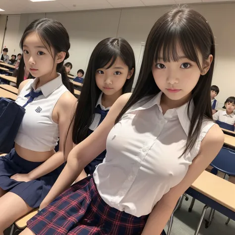 (Two elementary school students)、Young face、White buttoned and collared shirt、mini skirt、Watching the audience、Female in her early teens、Big Breasts、A sleeveless shirt that accentuates the shape of the breasts、classroom、Angle from below、Nobody background、N...