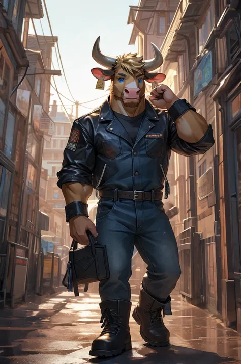 handsome male, cow, two pointy horns, cattle ear tag, heavy muscular build, light brown short messy fringe, ((best quality)), ((masterpiece)), (detailed), blonde fur, blue eyes, good eyes , leather jacket, mischievous, tan overalls, large working boots, st...