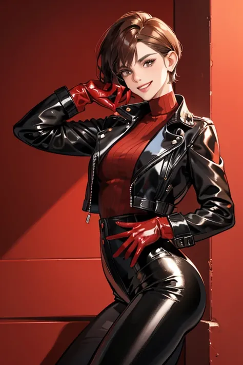 A short-haired mature woman with brown hair wearing a black leather jacket, black patent leather pants, red patent leather knee-high boots, holding a penis and smiling gently, wearing red patent leather gloves and hiding her eyes with sunglasses, on a back...