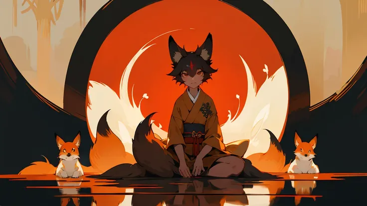 An anthropomorphic fox character with multiple tails, wearing traditional Japanese clothing (kimono), sitting gracefully. The background features a torii gate surrounded by a slightly dark and mystical forest, creating a cinematic atmosphere similar to a m...