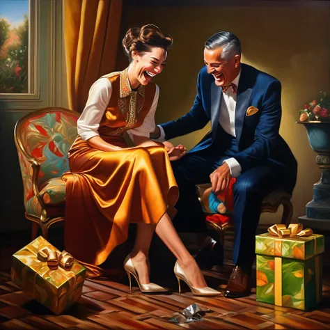 a beautiful woman laughing, dressed in elegant clothing, grinding a gift under her heel as a crestfallen man watches, exquisite detailed portrait, highly realistic, cinematic lighting, stunning colors, dramatic composition, oil painting, masterpiece