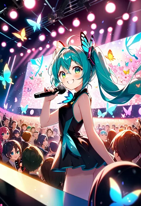 cute hatsune miku girl, beautiful detailed eyes, beautiful detailed lips, extremely detailed face and features, cyber-costume, fantastic color butterfly wings, flying, smiling, waving, holding microphone, dark live hall, audience, live monitor, fantastic l...