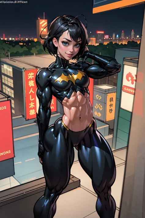 (masterpiece, best quality),1girl, solo, cassandra cain, batgirl suit, black pants, black hair, brown eyes, smile,
akihabara city, of the dead,  night,  from above, STANDING rooftop, neon sign, game center,(masterpiece:1.2), (best quality:1.2), perfect eye...