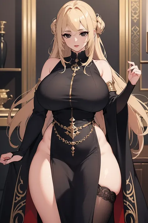 (Uhd, Masterpiece, Textured Skin, Super Detail, High Details, High Quality, Best Quality), Detailed Face, 1woman, mature pretty woman:1.5, ((Wide hips, thick thighs, massive huge breasts)), Blonde hair tied up, (Black elegant dress), dresspants, (Huge Body...