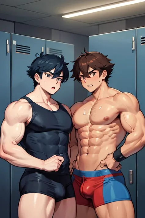 Ash Ketchum and from Pokémon and his long-lost twin brother flexing their biceps under hypnosis with glowing red eyes as they grow into big dumb sweaty hairy muscular football jock bros in a locker room. Hyper muscles. Massive muscles. Big biceps. Big tric...