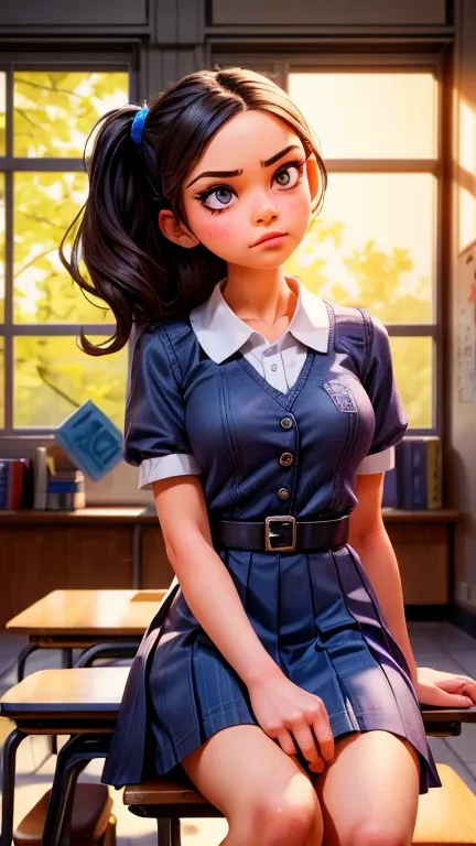 a mean girl in a school classroom, glaring sideways with a malicious expression, detailed facial features, beautiful detailed ey...