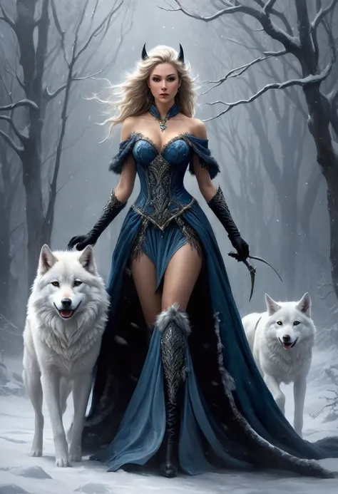 un primer plano de una mujer con un vestido y un lobo, arte conceptual por Cynthia Sheppard, Tendencias en la sociedad CG, fantasy art, reina del hielo y la tormenta, pelaje blanco y piel oscura, loba antropomorfa hembra, diosa del invierno, reina del invi...