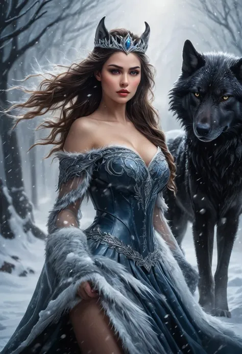 un primer plano de una mujer con un vestido y un lobo, reina del hielo y la tormenta, pelaje blanco y piel oscura, loba antropomorfa hembra, diosa del invierno, reina del invierno, fantasy art style, diosa del amor femenina de piel oscura, epic fantasy art...