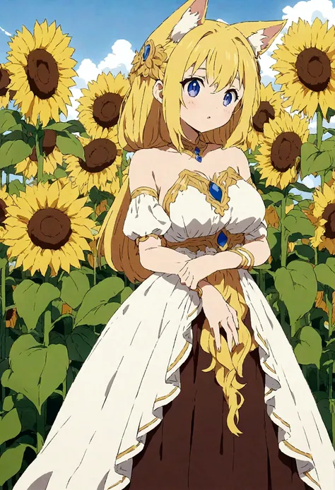 ((best quality)), ((masterpiece)), (detailed), Perfect face，Standing in a sunflower field，Yellow hair，Sunflower Cat Girl，fantasy，8K，Blue sky, Beautiful sunflower anime goddess, dress, きれいでdetailedなアニメアート, Beautiful anime goddess, Beautiful anime art style,...