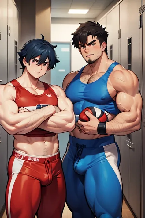 Ash Ketchum and from Pokémon and his long-lost twin brother flexing their biceps under hypnosis with glowing red eyes as they grow into big dumb sweaty hairy muscular football jock bros in a locker room. Hyper muscles. Massive muscles. Big biceps. Big tric...