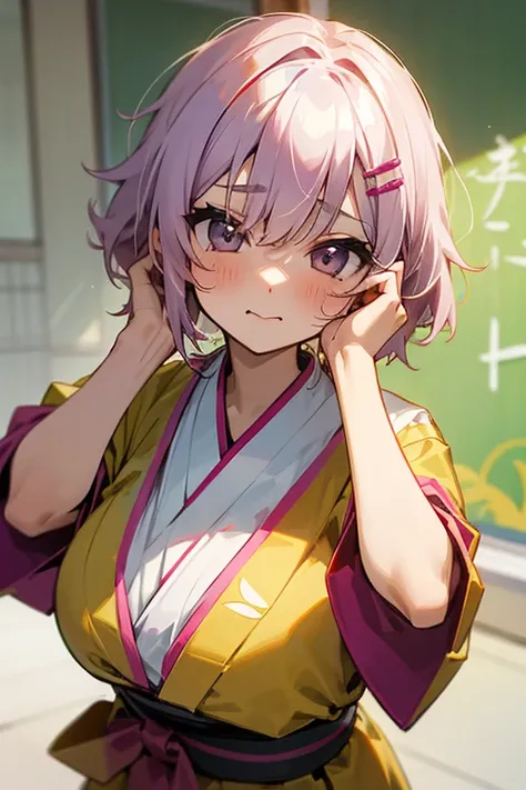 Short white hair, blush, 、Headbang 2.、2 hair clips、Tie your hair、Okinawan style、Keep the image of your face、Okinawan Costume、Good old Okinawan costume、