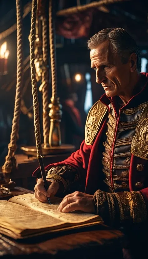 Cinematic style, Julius Caesar writing poetry on a pirate ship, background dark, hyper realistic, ultra detailed hyper realistic, photorealistic, Studio Lighting, reflections, dynamic pose, Cinematic, Color Grading, Photography, Shot on 50mm lens, Ultra-Wi...