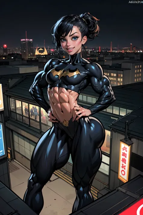 (masterpiece, best quality),1girl, solo, cassandra cain, batgirl suit, black pants, black hair, brown eyes, smile,
akihabara city, of the dead,  night,  from above, STANDING rooftop, neon sign, game center,(masterpiece:1.2), (best quality:1.2), perfect eye...