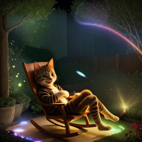 a cute cat, lying in a rocking chair, happy expression, the background is the garden, dream, hd, particle light effects.