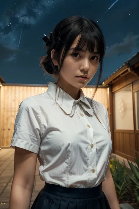 ltra-detailed,highly detailed,best quality,masterpiece,illustration,realistic,
miyamizu mitsuha, 1girl, solo,looking at viewer,upper body, 
black hair, ponytail, short hair,bangs, 
, hair ribbon,bowtie,short sleeves, collared shirt, pleated skirt, 
outdoor...