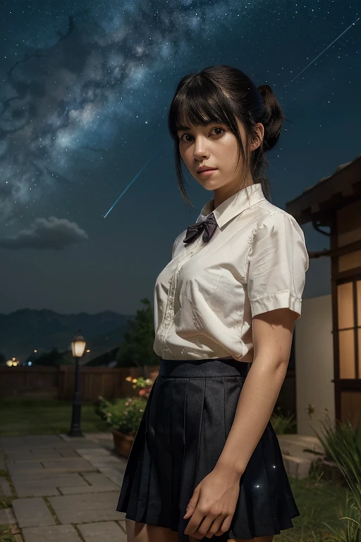 ltra-detailed,highly detailed,best quality,masterpiece,illustration,realistic,
miyamizu mitsuha, 1girl, solo,looking at viewer,upper body, 
black hair, ponytail, short hair,bangs, 
, hair ribbon,bowtie,short sleeves, collared shirt, pleated skirt, 
outdoor...