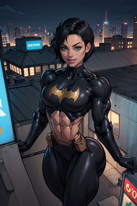 (masterpiece, best quality),1girl, solo, cassandra cain, batgirl suit, black pants, black hair, brown eyes, smile,
akihabara city, of the dead,  night,  from above, STANDING rooftop, neon sign, game center,(masterpiece:1.2), (best quality:1.2), perfect eye...