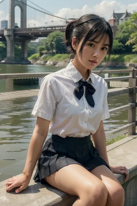 ltra-detailed,highly detailed,best quality,masterpiece,illustration,realistic,
miyamizu mitsuha, 1girl, solo,
black hair, ponytail, short hair,
, hair ribbon,bowtie,short sleeves, collared shirt, pleated skirt, socks, loafers,
sitting,looking at viewer,
ou...