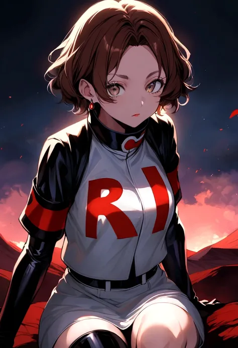 haru okumura, (brown eyes:1.5), brown hair, short hair, earrings ,lipstick, eye shadow ,team rocket uniform, red letter R, white skirt,white crop top,black thigh-high boots, black elbow gloves, evil villianess look, looking down on viewer, sitting ,crossed...