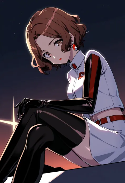 haru okumura, (brown eyes:1.5), brown hair, short hair, earrings ,lipstick, eye shadow ,team rocket uniform, red letter R, white skirt,white crop top,black thigh-high boots, black elbow gloves, evil villianess look, looking down on viewer, sitting ,crossed...