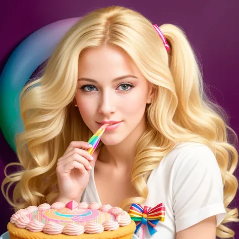 (best quality,4k,8k,high res,masterpiece:1.2),ultra-detailed, photorealistic, flaxen blonde hair,long hair, Mature and beautiful, realistic portrayal:1.2 Sailor Moon eating rainbow cake for her birthday. David Taylor 2000s photography 