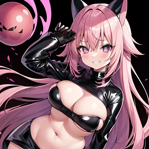 alone, 1 girl, {small}, latex, Pink Hair, Long Hair, latex black body suits, Grin, Grin, mesugaki, Black mini skirt, Long black globe, belly button, Cleavage, Black Mask, Saggy breasts, Huge breasts, {Variable Boobs},