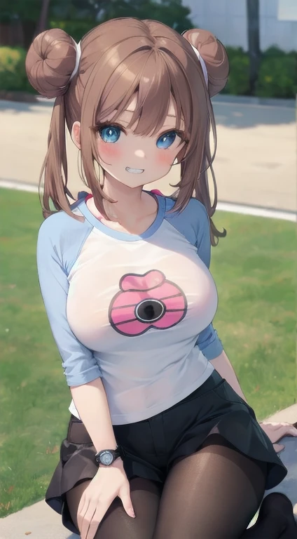 masterpiece, best quality, High resolution, b1, Hair Bun,Brown hair,  blue eyes, Double tail,  Black pantyhose, Raglan sleeves, shorts, shirt, 乳首がshirtから透けて見える、pink ribbon, watch, Standing, Cowboy shooting, site, Monster Ball (basic), Grin、(Rosa_Pokémon)、(...