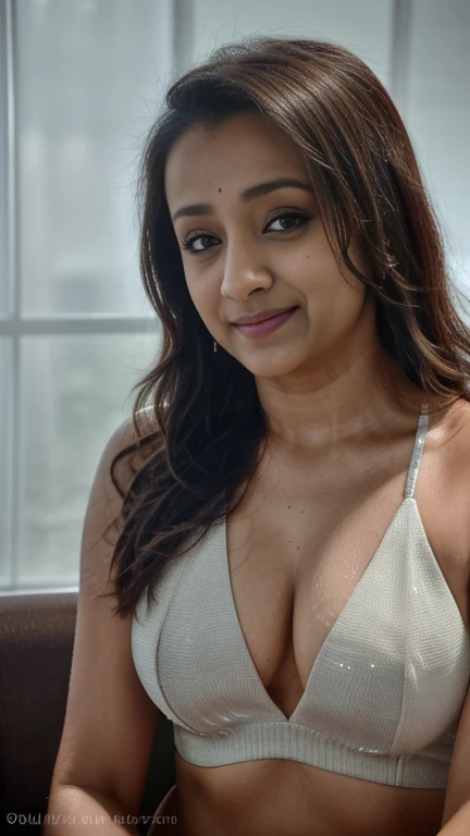 No make up closeup bustshot selfie of trisha,trisha krishnan, trks woman, hourglass figure, smile,  seductive look, daytime, crop top, sharp focus, octane, HD, 4K, high resolution selfie, bedroom, 30 year old ((long face)), ( big cheeks), (( beautiful eyes...