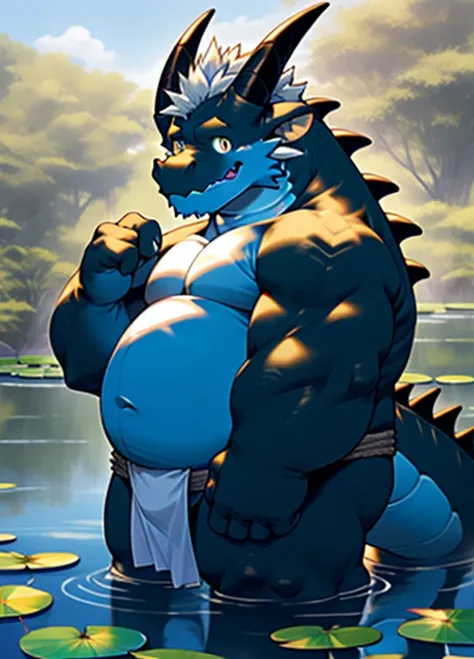 dragon,solo,male,old,elder,senior, normal eye, humaniod,humaniod hands,black body,overweight,fat face,chubby body,big,tall,black moobs,black skin,black belly,white hair,short horn,short mouth, wearing white fundoshi, exposed,smlie,tender,lily pad, shirtles...