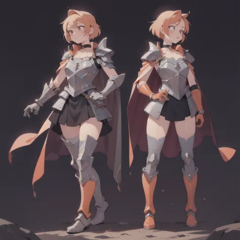 choker, armor, cape, black dress, single glove, thigh highs, armored legwear, orange boots, hyper realistic