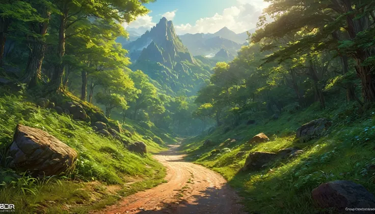 (anime, fantasy), (by Greg Rutkowski: 1.2), (masterpiece, best quality, high resolution, highly detailed, depth of filed, HDR:1.2), (a dirt road lead to a forest, forest entrance, large bushes, small boulders scattered, mysterious, dark hue), fantastical l...