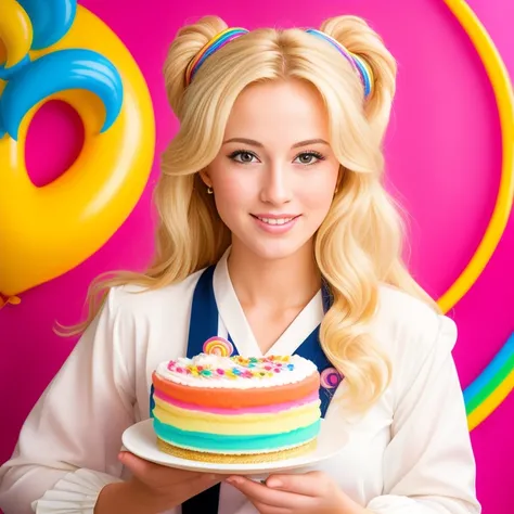 (best quality,4k,8k,high res,masterpiece:1.2),ultra-detailed, photorealistic, flaxen blonde hair,long hair, Mature and beautiful, realistic portrayal:1.2 Sailor Moon eating rainbow cake for her birthday. David Taylor 2000s photography 