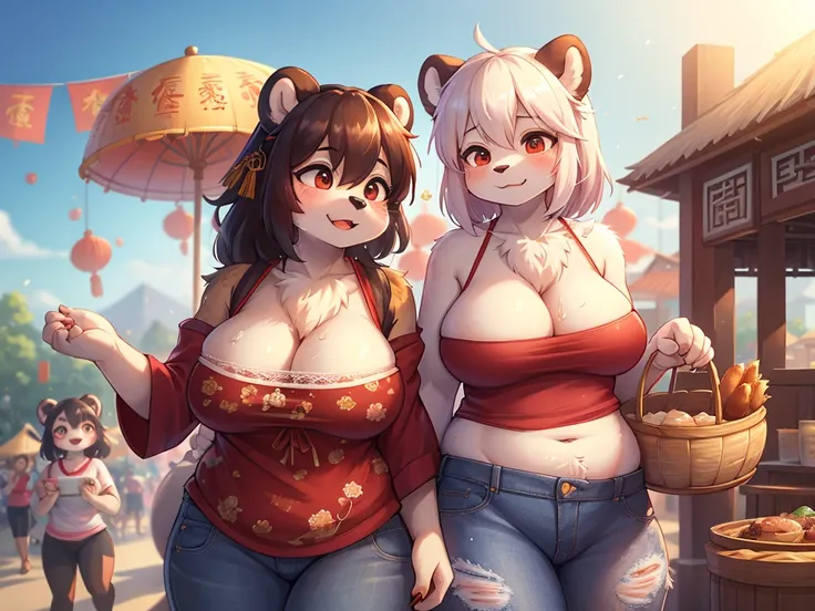 Hallucination, daydream , bokeh , hairy fur , messy curvy panda mom , Jeans , Loose-fitting camisole , Chest protrusion , Chinese Panda pattern face , Eat Dim Sum on Your Trip , Dragon Boat Festival