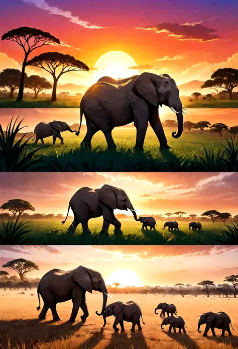 Make a thumbnail for a YouTube channel. The theme of the video is: Escreva "O Bebe Elefante Perdido na Savana. Use African landscapes with sunsets. and a photo of a baby elephant. Use flashy colors in the African color palette.
