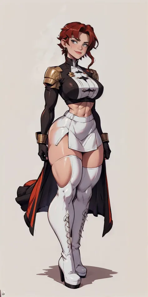 (((1 girl))) short hair, earings ,glossy lips ,team rocket uniform, red letter R, white skirt, white crop top, black thigh-high boots, black elbow gloves, evil smile, looking at viewer, cowboy shot, arms crossed, full body photo Mercedes von Martritz (Fire...