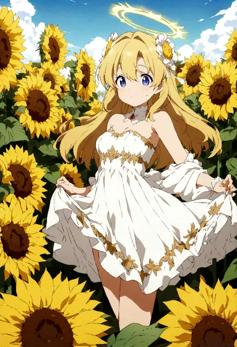 ((best quality)), ((masterpiece)), (detailed), Perfect face，Standing in a sunflower field，Yellow hair，Sunflower Angel，fantasy，8K，Blue sky, Beautiful sunflower anime angel halo, Sexy dress, きれいでdetailedなアニメアート, Beautiful anime angel, Beautiful anime art sty...