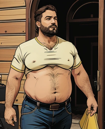 Just plump, chubby, extremely thick thighs, large belly, vestindo uma regata branca, Turkish construction worker male daddy,