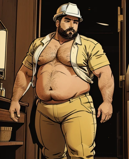 Just plump, chubby, extremely thick thighs, large belly, vestindo uma regata branca, Turkish construction worker male daddy,