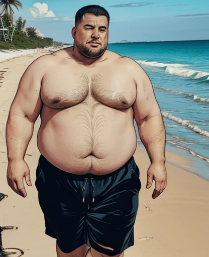 A highly realistic photo of a very obese man, shirtless, wearing shorts and sneakers. The image clearly shows the folds of his belly and sagging chest. He is walking on the beach. The photo should be of high quality.