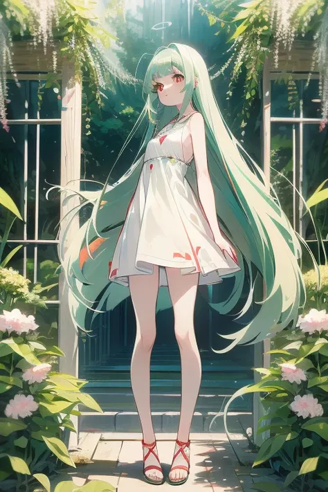 masterpiece, (key anime visual), (((HDR))), ((best quality)), (ultra high quality), (hi-res), ((1 anime girl)) (((red eyes and white skin))), beautiful eyes, ((teen)), (((light green hair))), (bangs left-part), (left part bangs), bangs side, ((side locks))...