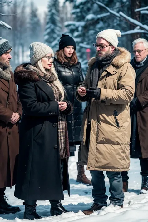 High Quality, Best Resolution, Masterpiece: 1.3
Group of People, Very Cold, Frostbitten Fingers, Intense Winter Scene, Detailed Clothing, Thick Coats, Fur Hats, Gloves, Scarves, Huddled Together for Warmth, Two Blonde Ladies, One with Down Syndrome, One Yo...