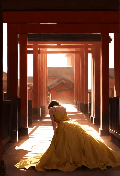 Woman in a yellow dress　Itsukushima shrine　torii　Back view　Prone to downward　￼