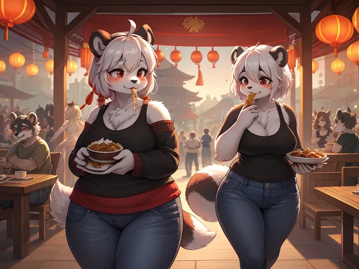 Ink painting , Hallucination, daydream , bokeh , hairy fur , messy curvy panda mom , Jeans , Loose-fitting camisole , Chest protrusion , Chinese Panda pattern face , Eating out , Dragon Boat Festival , walking