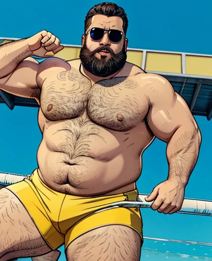 Only plump, chubby, extremely thick thighs, large belly, fat, very bearded, sunglasses with clear lenses 60%, he is a lifeguard and he is only wearing white or bluish yellow or gray swimming trunks full body photography , foto3D estilizado, Arnold Maya ren...