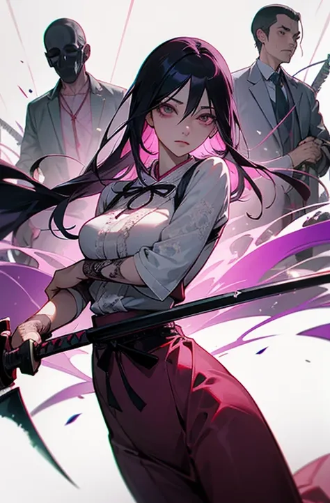 Cool women、sexy、Center of chest、Rize from Chainsaw Man、beauty、yandere、Samurai sword in hand、Japanese sword in hand、Lace clothes、I&#39;m sick、The background is a graveyard、