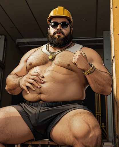 1 chubby man with falando ao Celular , gesturing with hands, conversando com o expectador, ((he is a construction worker he is working in construction)). fotografia de Corpo completo imagem de corpo inteiro , ele trabalha de encanador, ele trabalha de pedr...