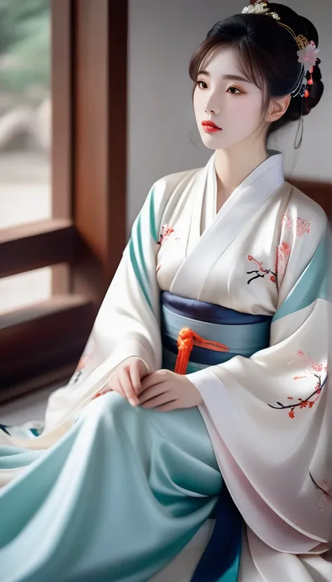 araffe asian woman in a kimono sitting on a bed, white hanfu, palace ， a girl in hanfu, beautiful character painting, chinese style, chinese girl, hanfu, flowing sakura silk, with acient chinese clothes, traditional chinese clothing, wearing ancient chines...