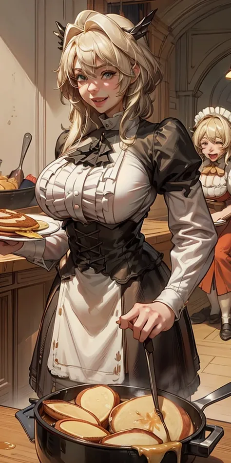 making pancakes in the asteria vk skillet,a blond,twin-tailed,1little girl,woman in her 30s,maid apronl,laughing,kitchin,bento,s...